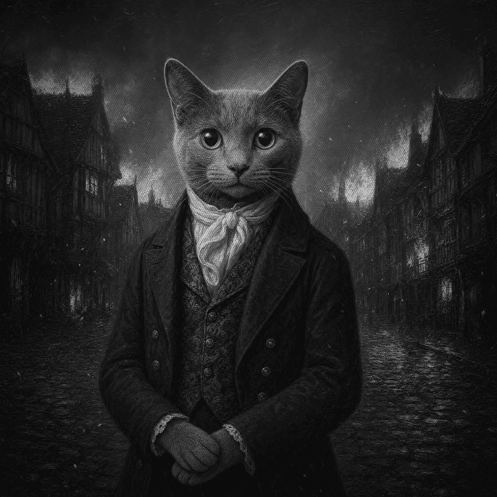 A Russian Blue cat in a Victorian frock coat and cravat stares wide-eyed and innocent with its paws clasped, while the timber-framed houses of 17th-century London burn behind it