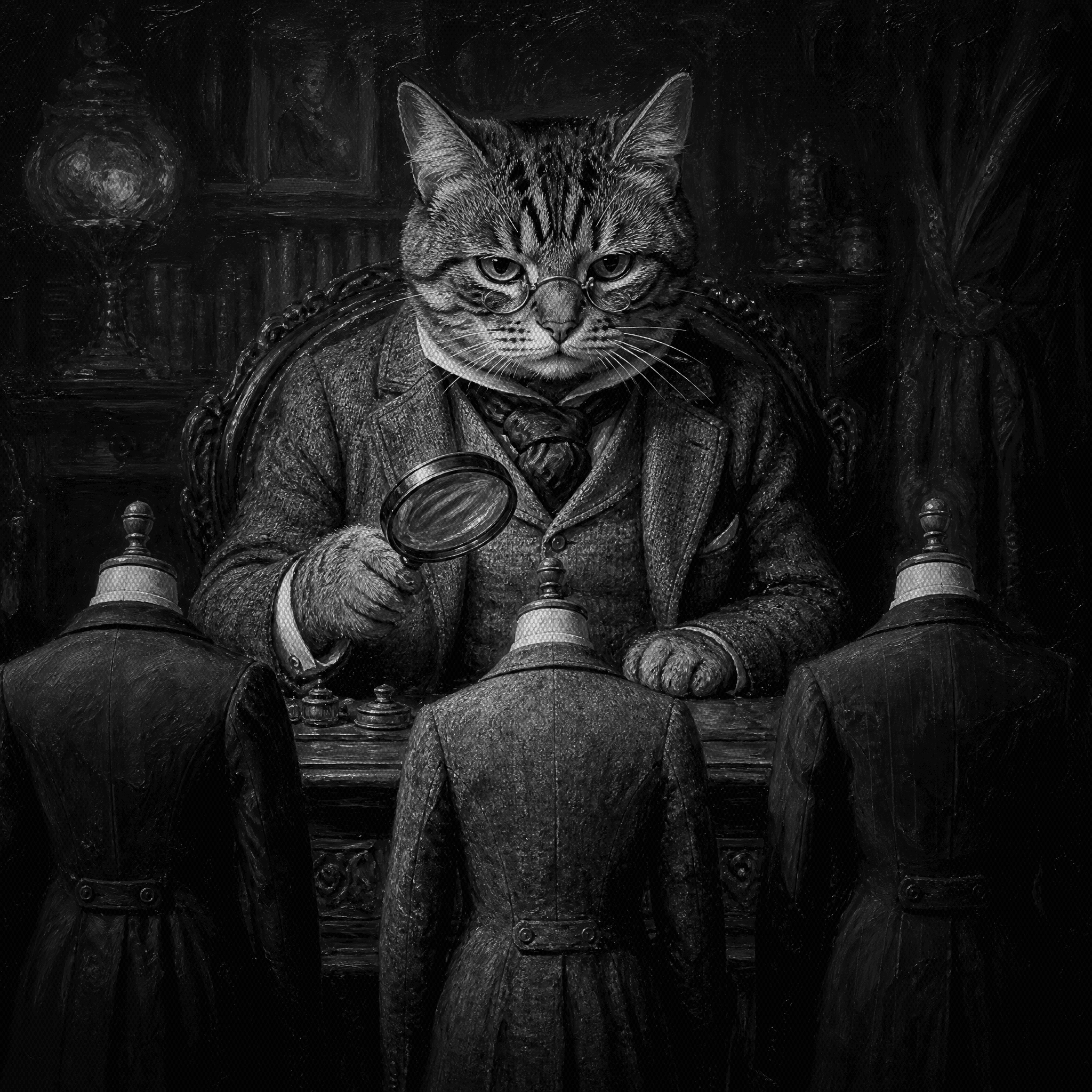 A Victorian tabby cat in a tweed waistcoat and pince-nez at an oak desk, inspecting three headless tailor's mannequins in fine suits through a magnifying glass
