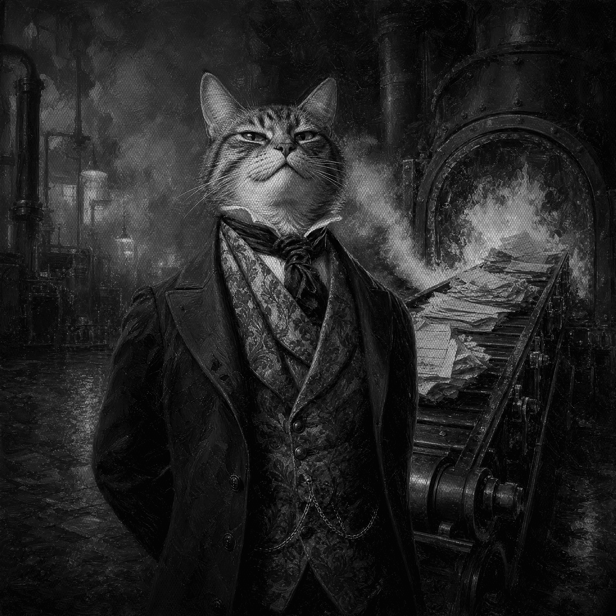 A smug Victorian cat in a waistcoat and cravat stands in front of an iron conveyor belt feeding crumpled papers into a glowing furnace