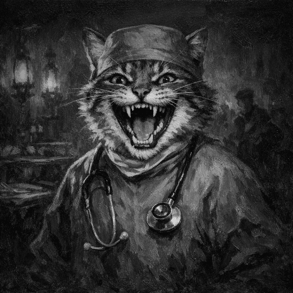 A Victorian cat in surgical scrubs laughing wildly, looking menacing: the chaotic security villain who just found vulnerabilities in your codebase