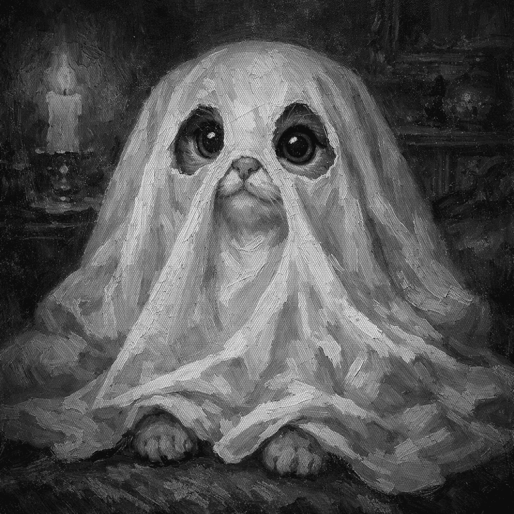 A Victorian fat cat wearing a ghost sheet veil with big dark eyes and a bow, in a spooky candlelit parlor, rendered in halftone grayscale