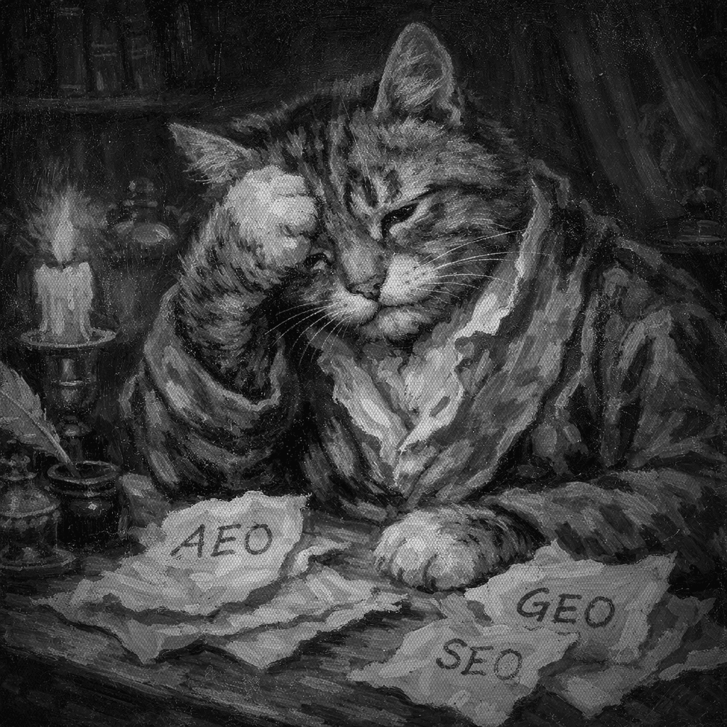 A tired Victorian cat in a dressing gown rubbing its forehead at a candlelit writing desk, surrounded by crumpled papers reading AEO, GEO and SEO