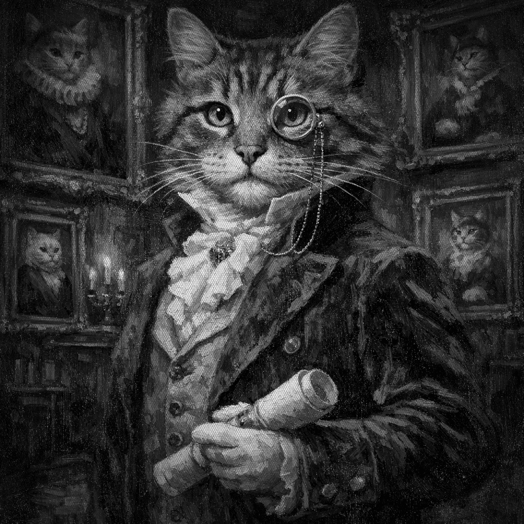 A Victorian cat gallery curator wearing a monocle and velvet coat, standing in a grand portrait hall filled with framed paintings of different cats