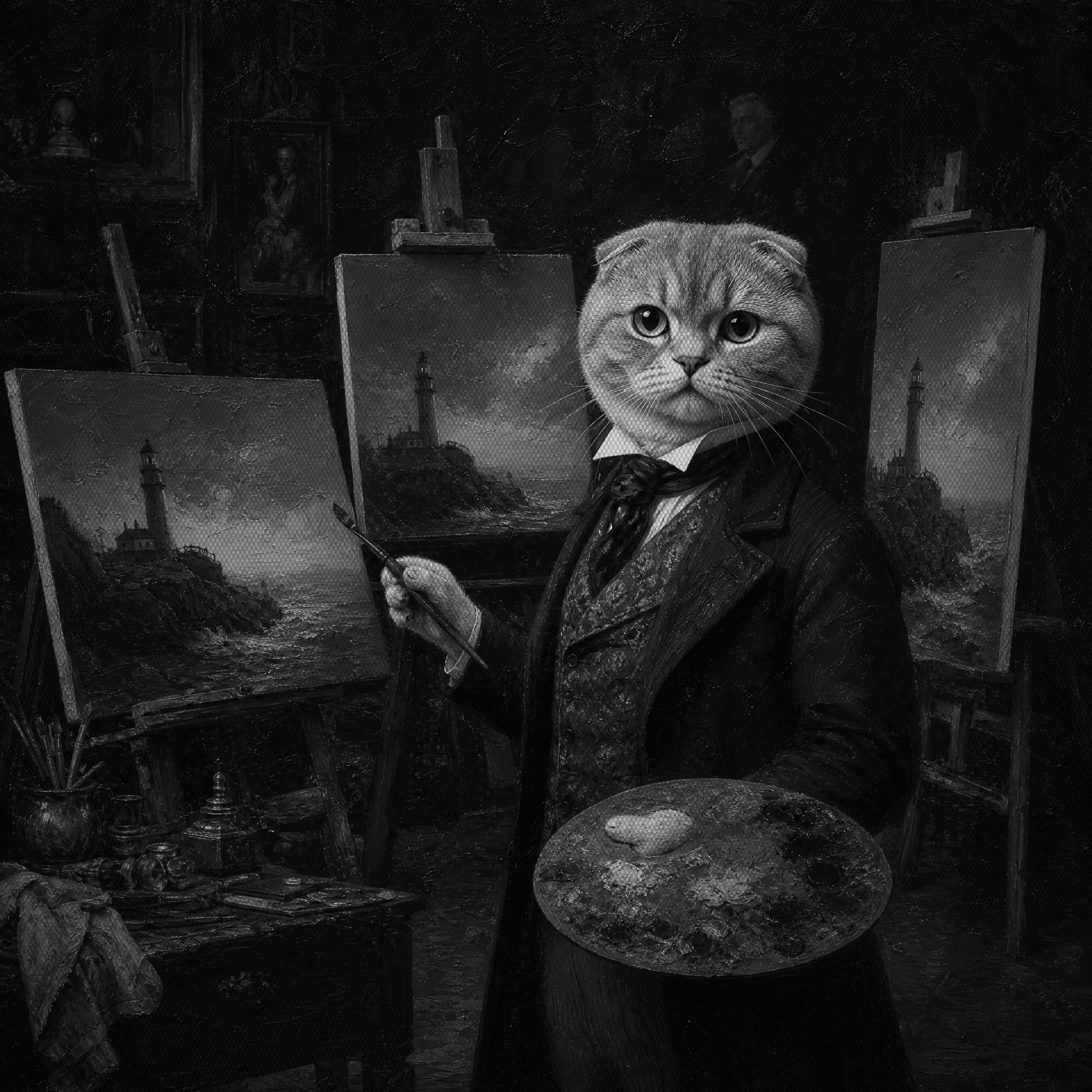 A Scottish Fold as a Victorian portrait painter, standing before three easels holding the same painting on a landscape, a square, and a portrait canvas