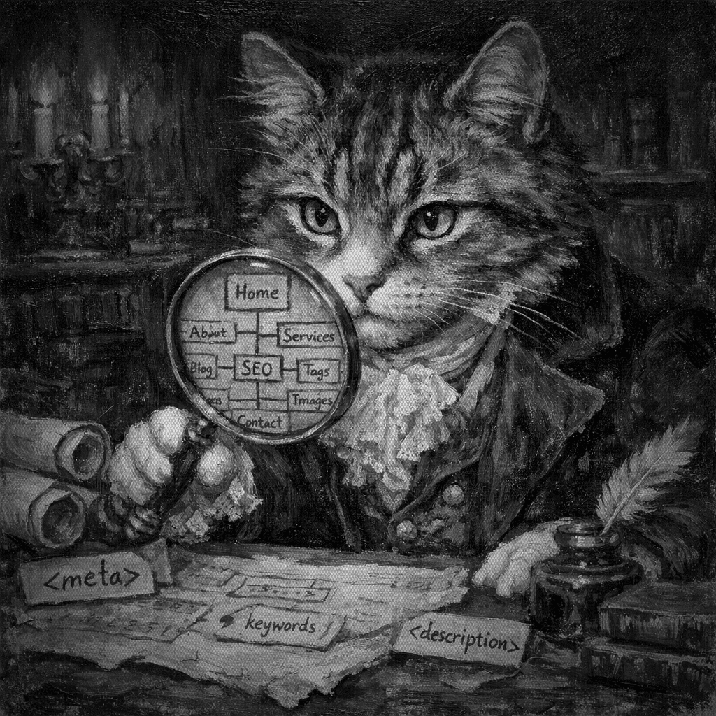 A Victorian cat in a dimly-lit study, surrounded by parchment scrolls and metadata tags, peering through a magnifying glass at a sitemap