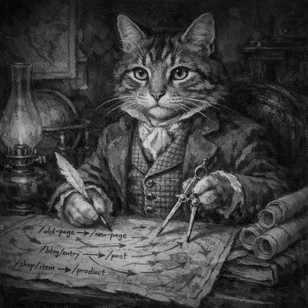 A Victorian cartographer cat plotting URL redirects on a map of website paths