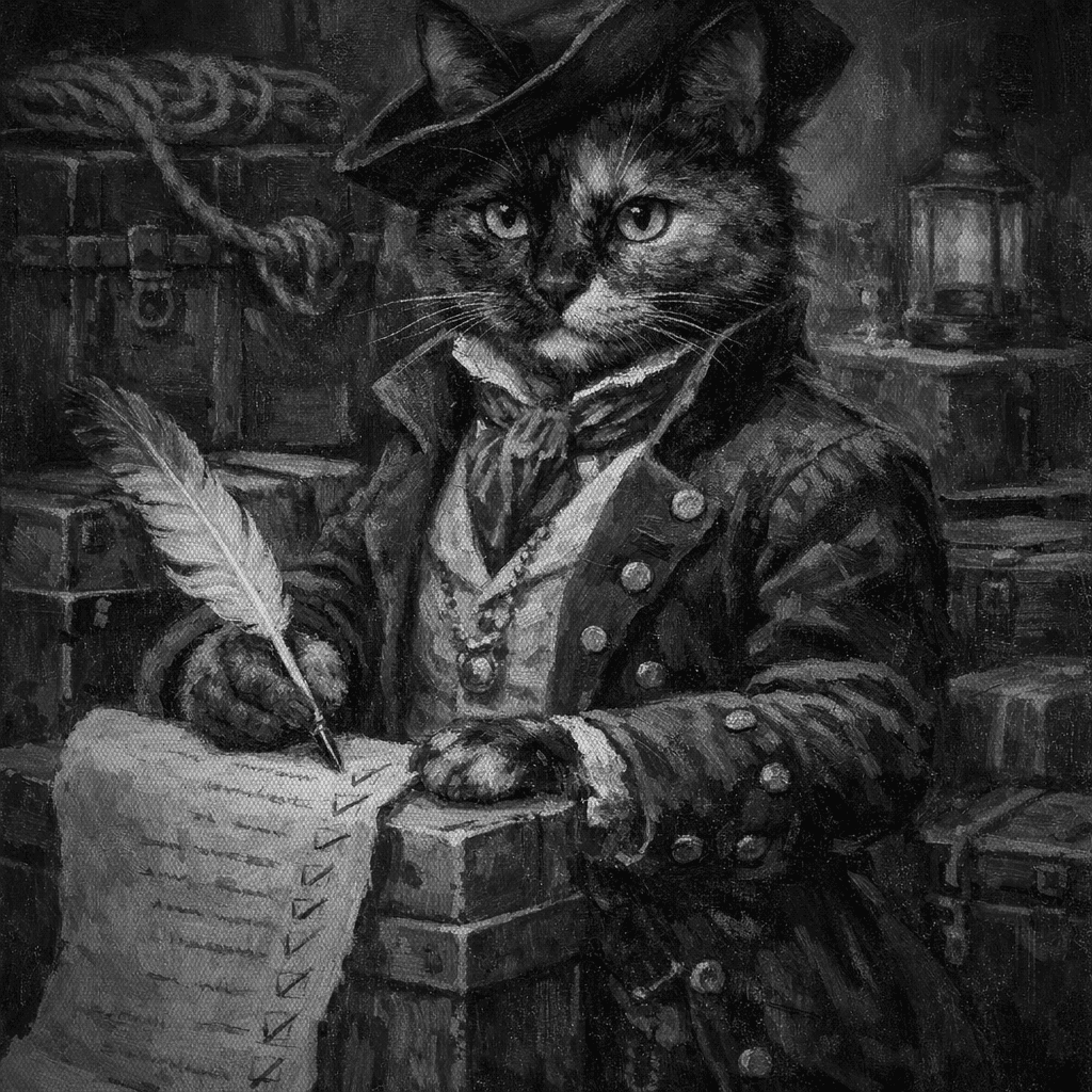 A Victorian tortoiseshell cat quartermaster ticking off a pre-launch checklist with a quill beside packed crates