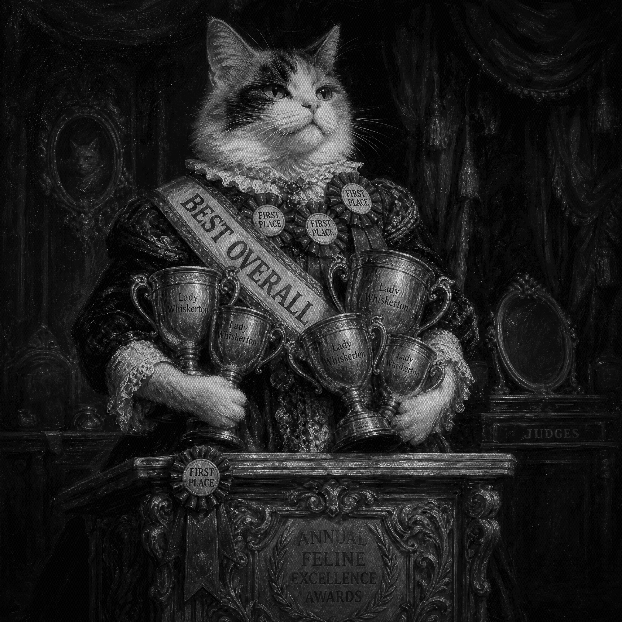 A Victorian calico cat in a BEST OVERALL sash at an awards podium, hugging five trophies all engraved with its own name, beside an empty judges bench holding a mirror