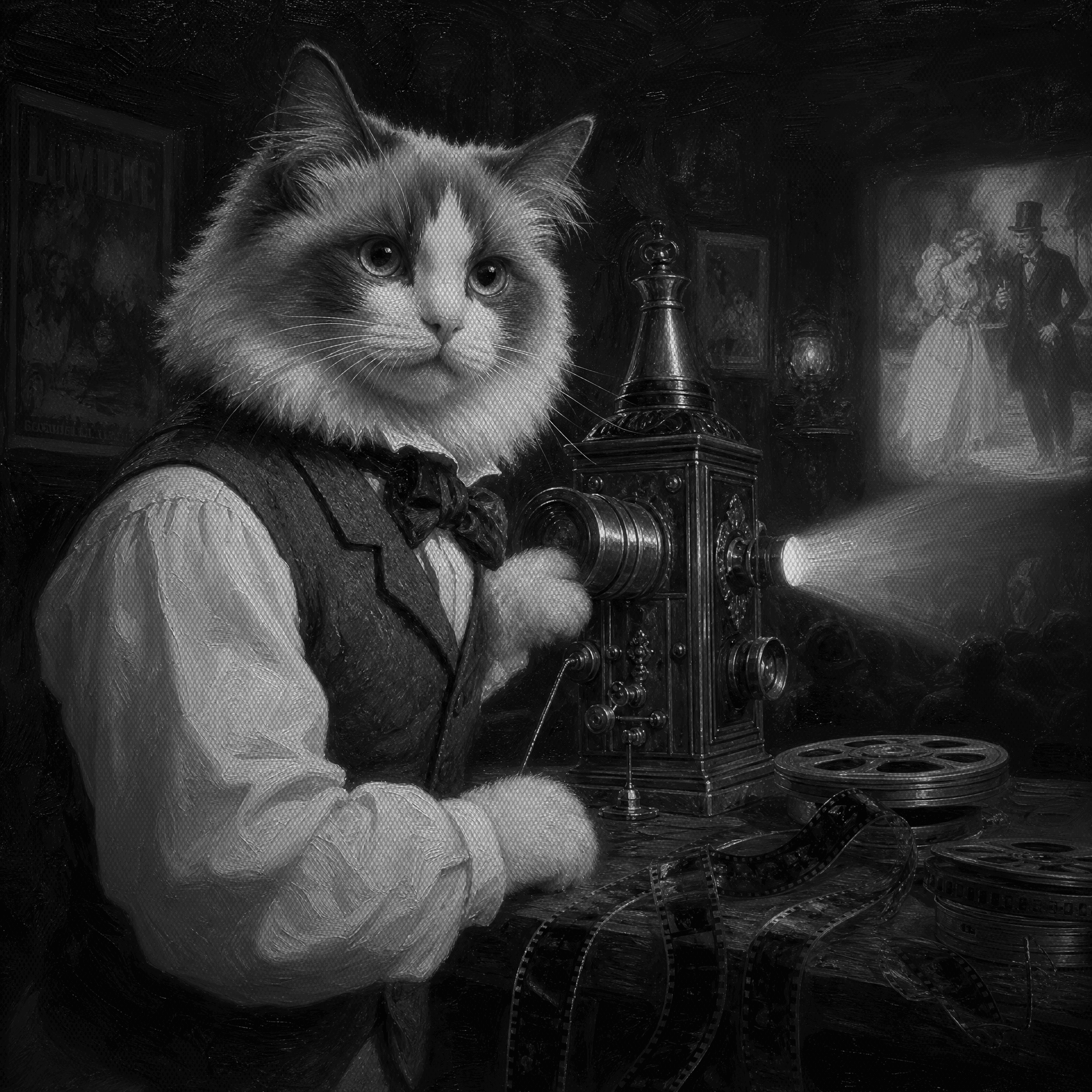 A Ragdoll cat as a Victorian cinema projectionist, running a brass magic lantern with film reels stacked on the desk