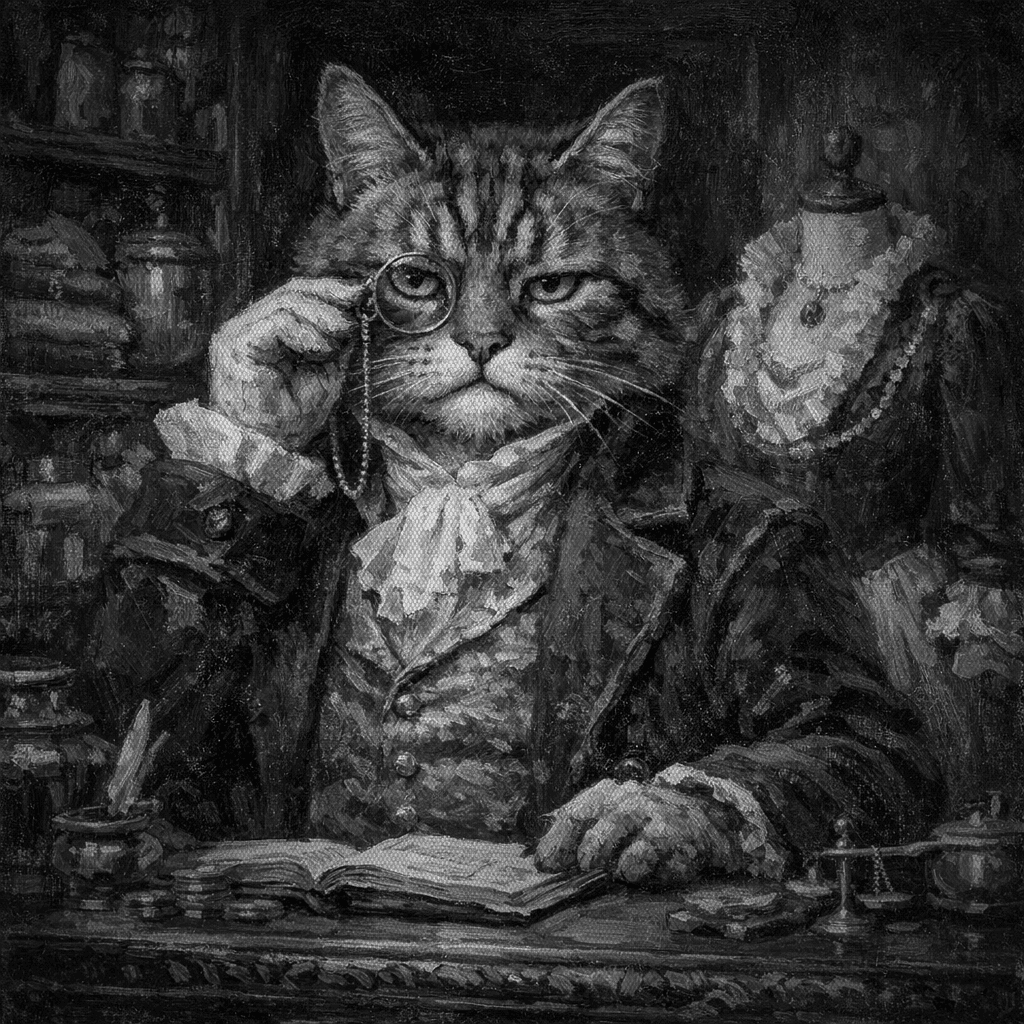A Victorian cat shopkeeper behind an ornate counter with a headless mannequin in the background