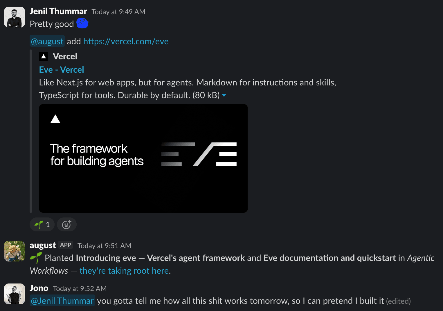 The bookmarks bot in Slack: a teammate posts "add https://vercel.com/eve", and the agent replies that it has planted the link and the eve docs into the team's Are.na channel.