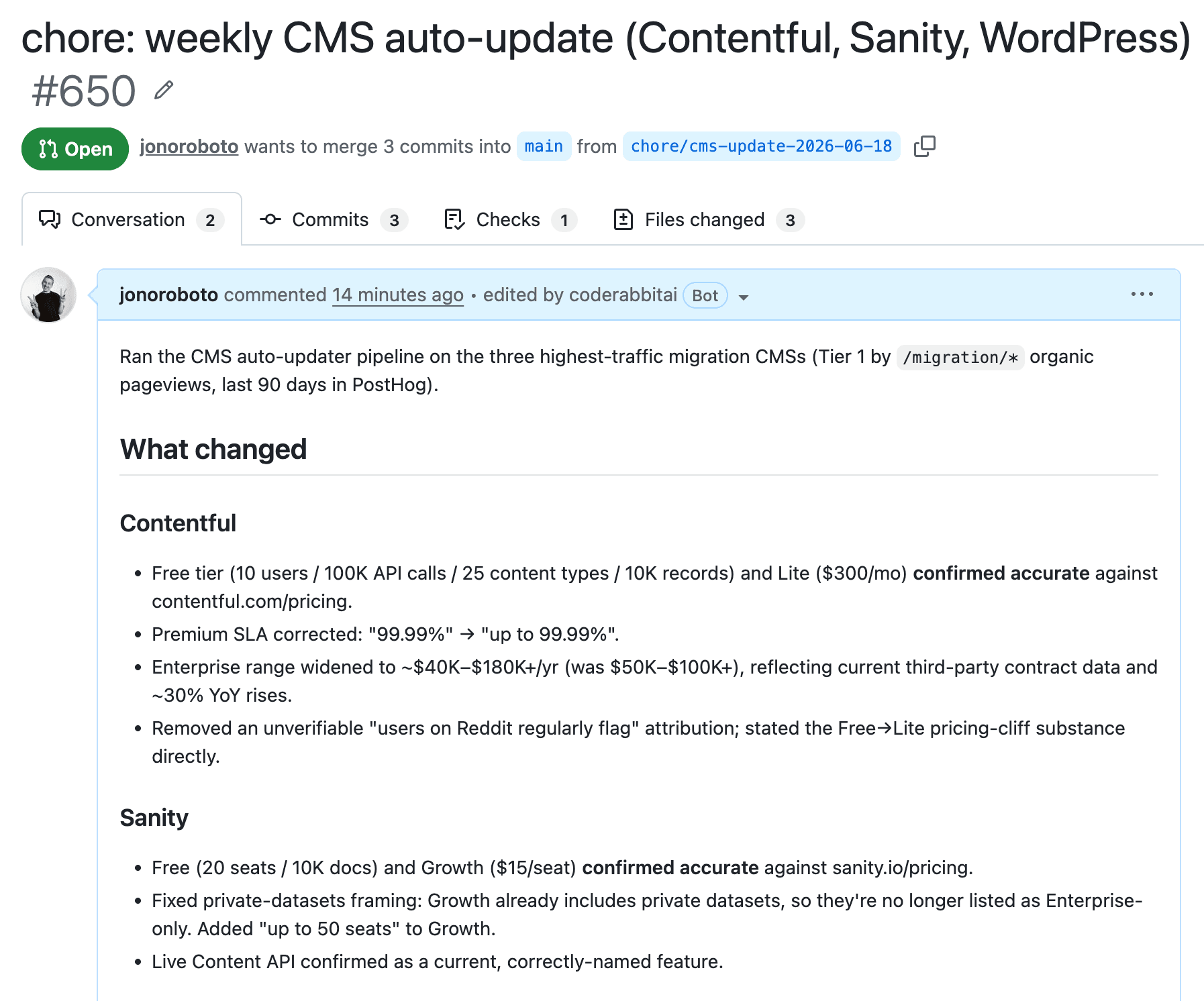 A weekly auto-update PR opened by the comparison updater: each pricing change confirmed against the vendor's own page, an SLA claim corrected, and an unverifiable Reddit attribution dropped for lack of a source.