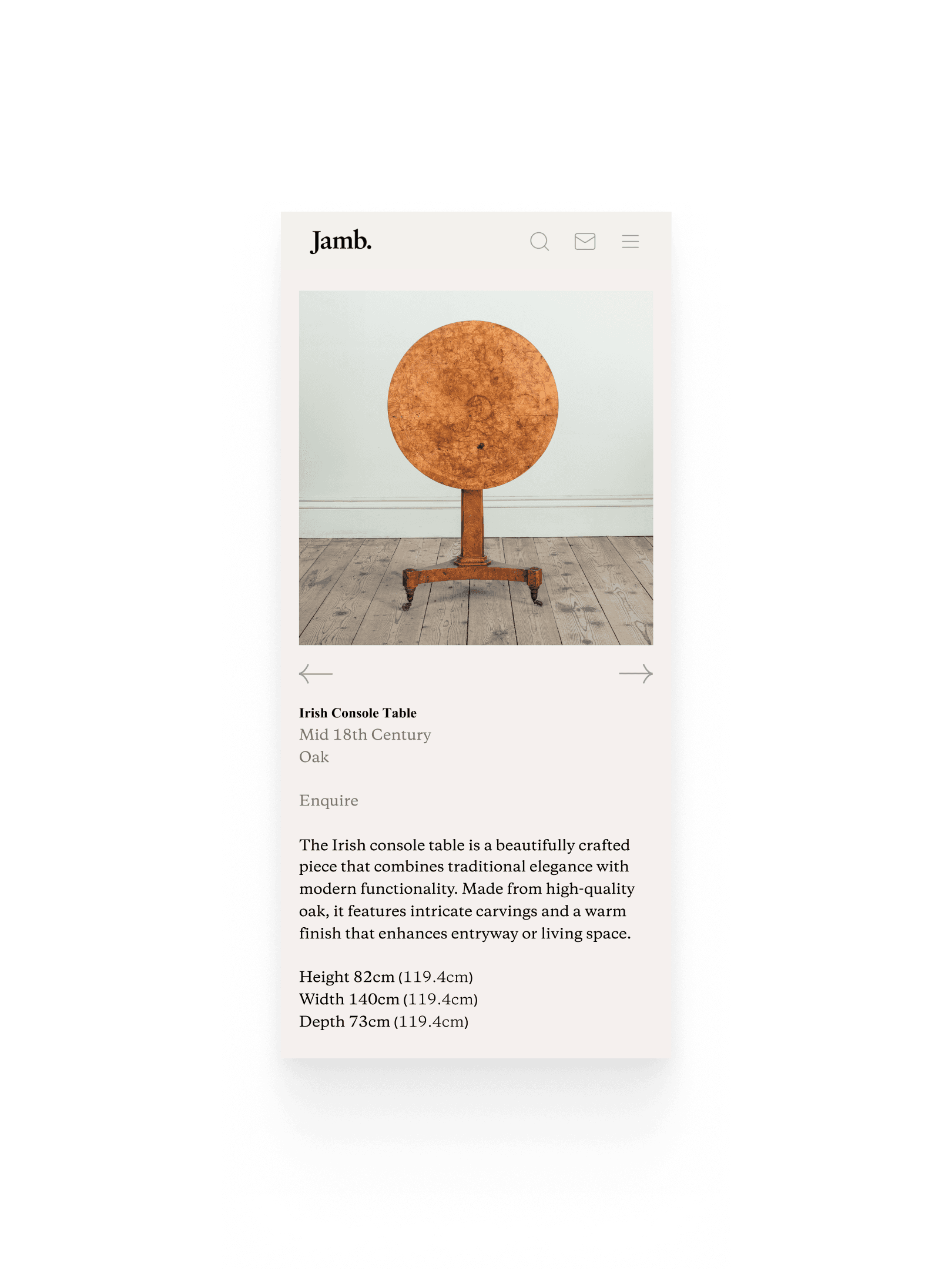 Mobile product detail for an Irish console table