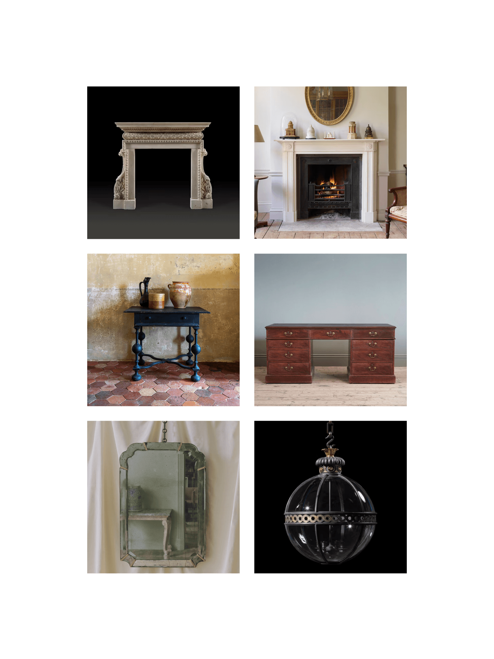 Grid of Jamb product photography across fireplaces, furniture, mirrors, and lighting