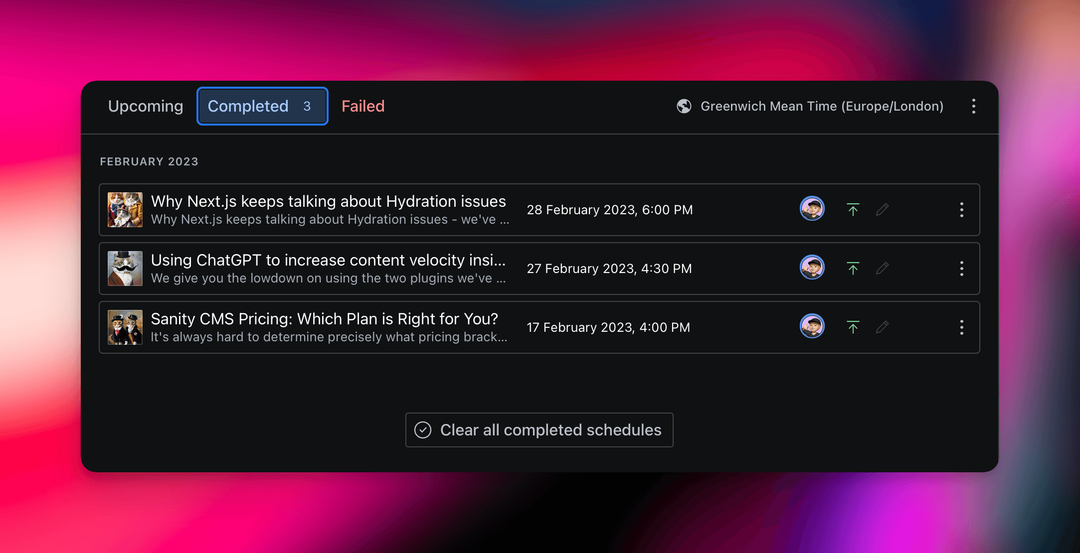 Completed schedule