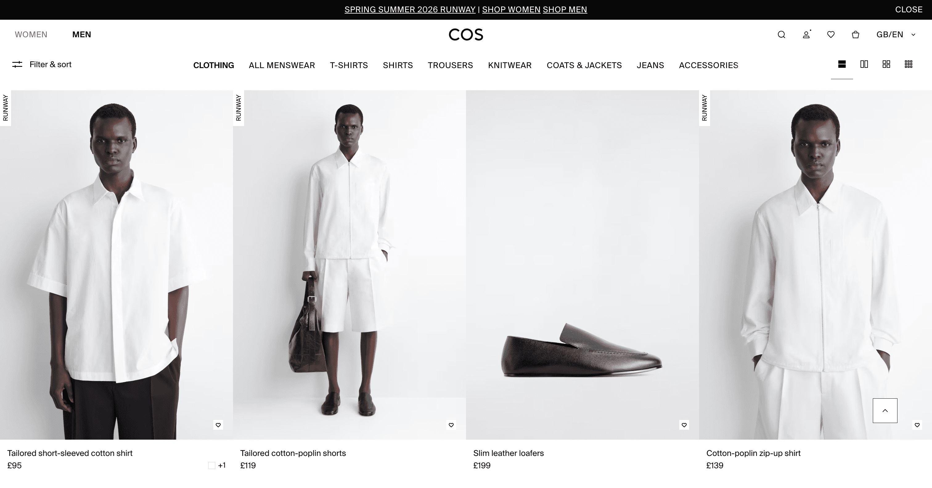 COS menswear product listing page showing tailored shirts, shorts, and loafers with category navigation and filter controls