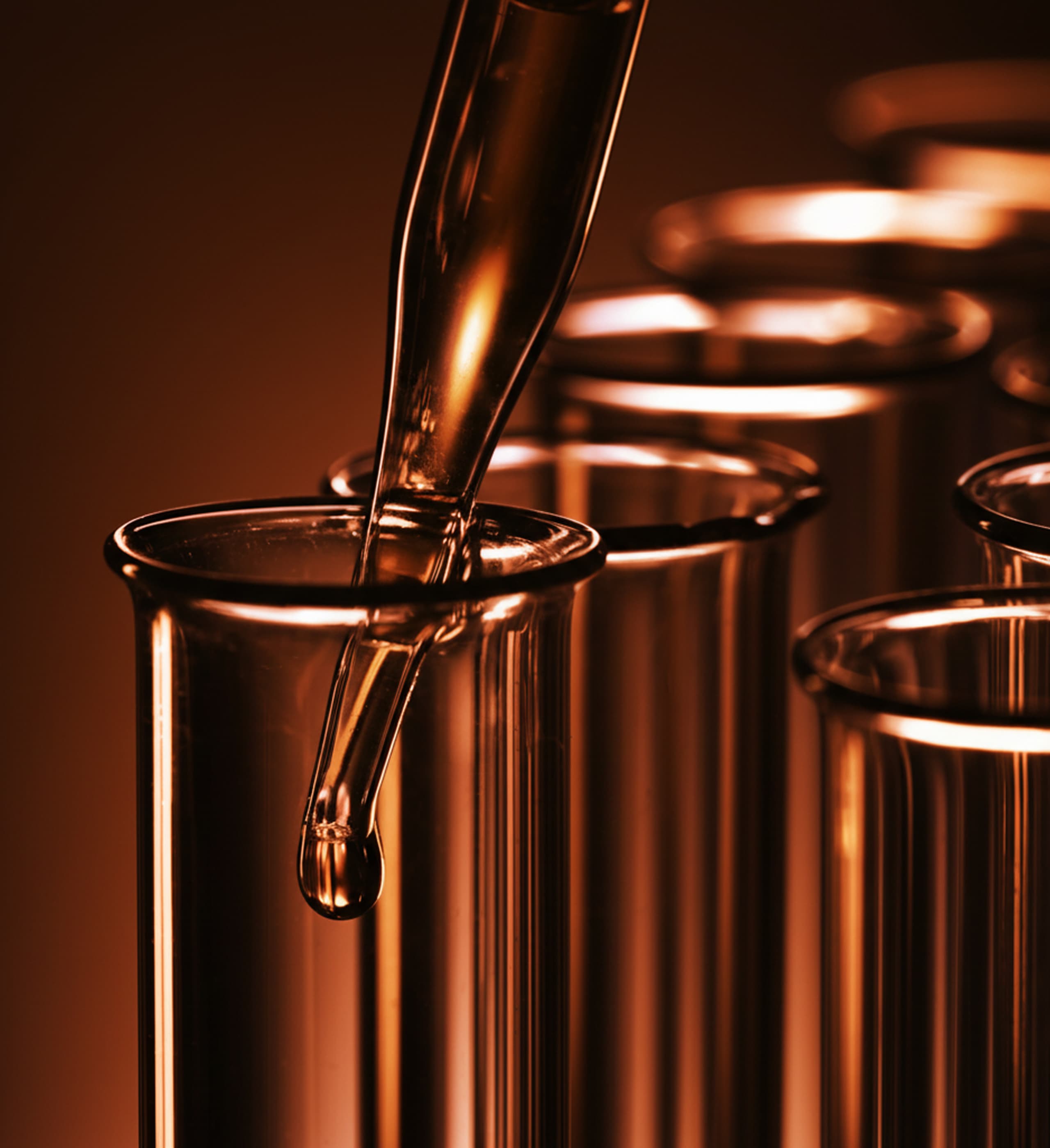 Pipette dispensing into test tubes under amber light