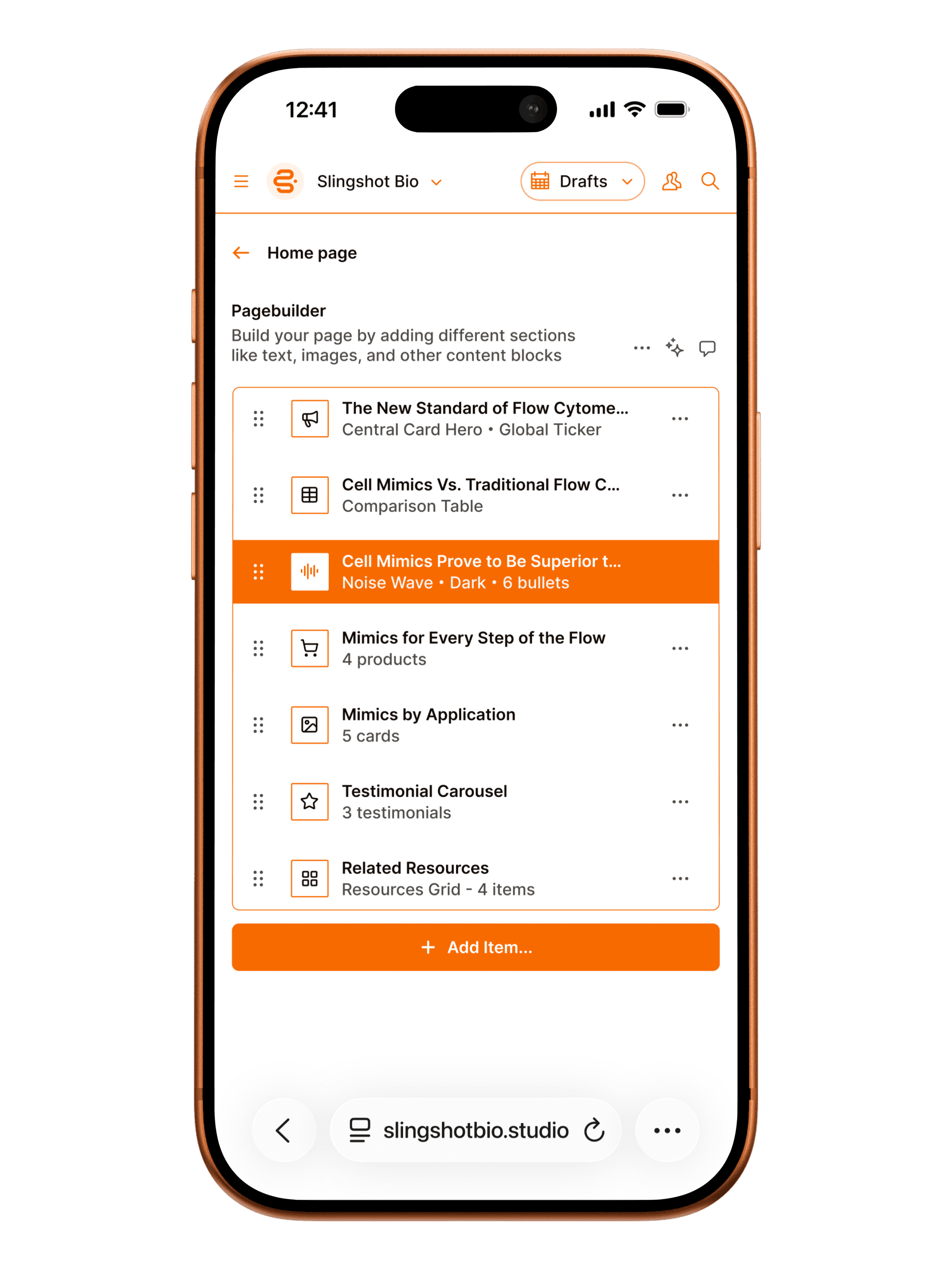 Slingshot Bio Sanity Studio pagebuilder on mobile