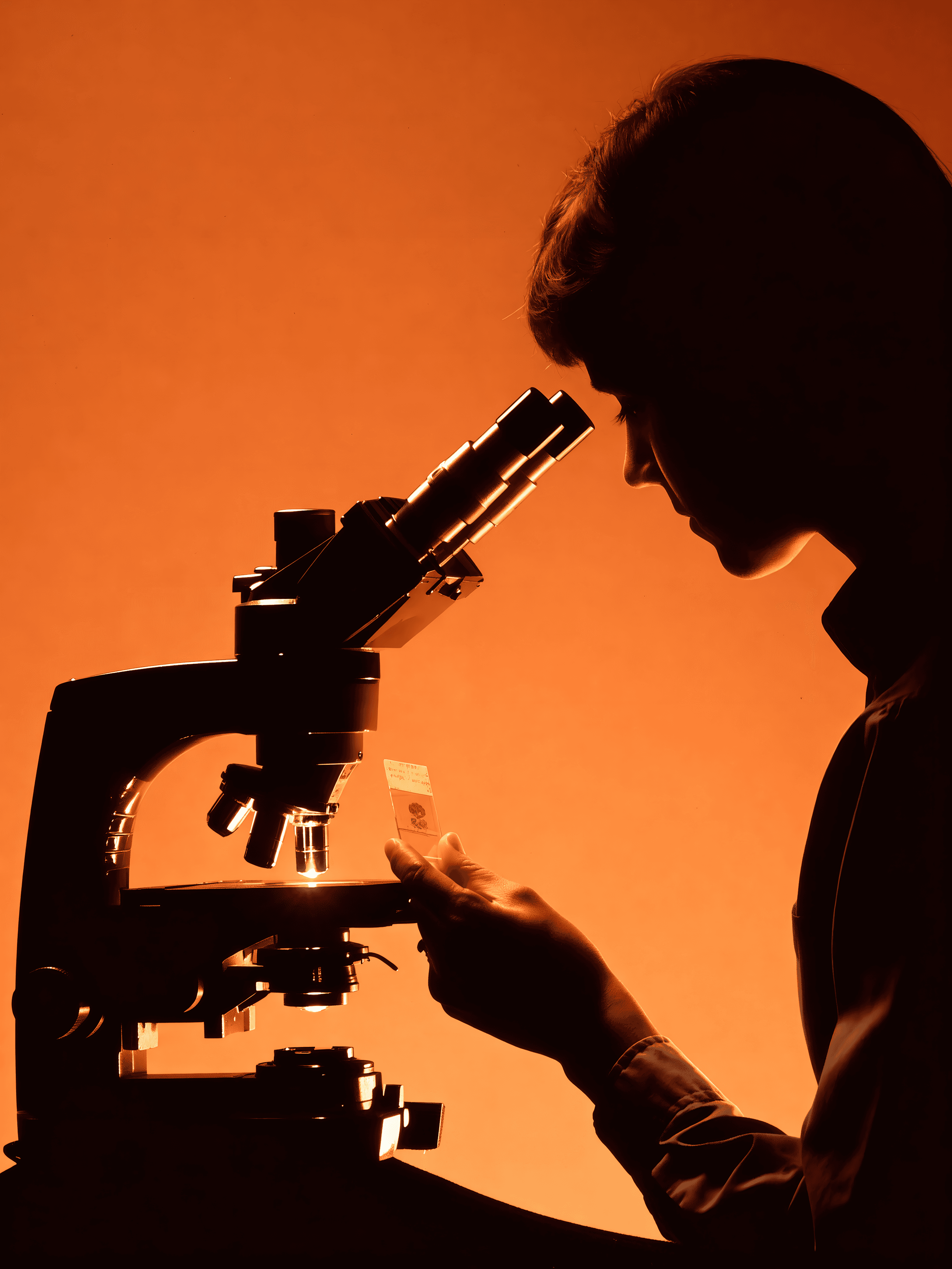 Scientist at a microscope, lit in Slingshot Bio orange