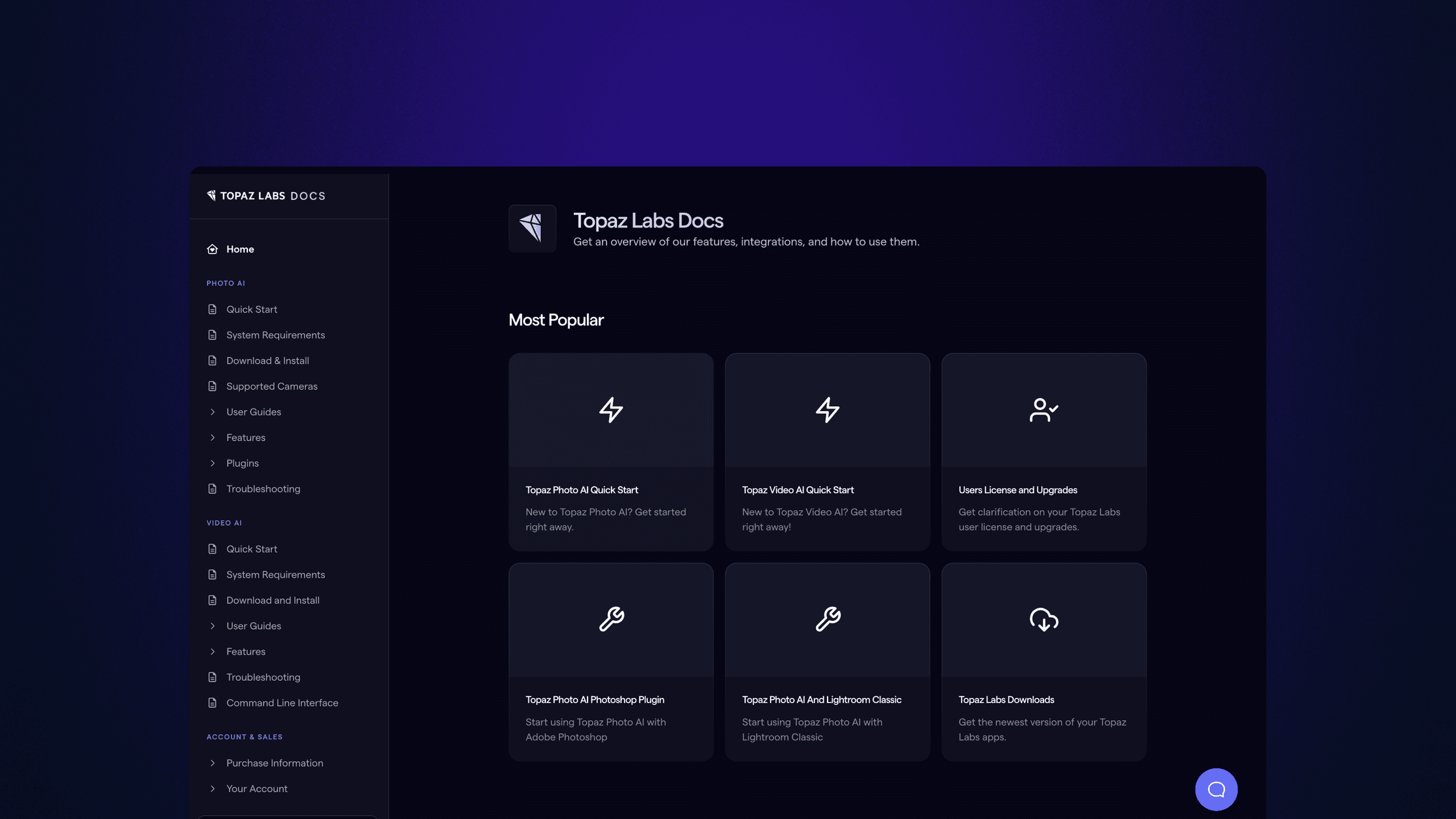 Topaz homepage, a list of cards showing most popular areas